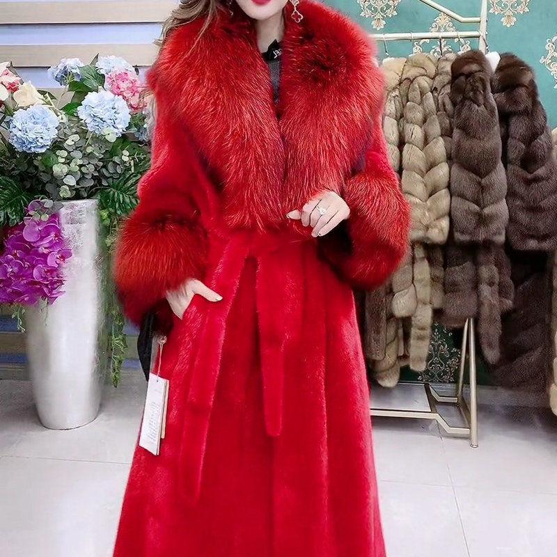 Høst og vinter imitasjon minkkåpe pelskåpe dame lang pelskåpe imitasjon revepelskrage stor størrelse high-end bomullsklær
