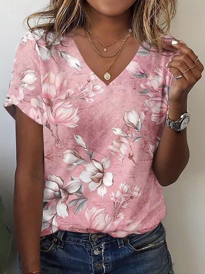 2025 New Summer Women's Cat Paw Color Print T-shirt V-neck Short Sleeve Street Casual Daily Basic Tops