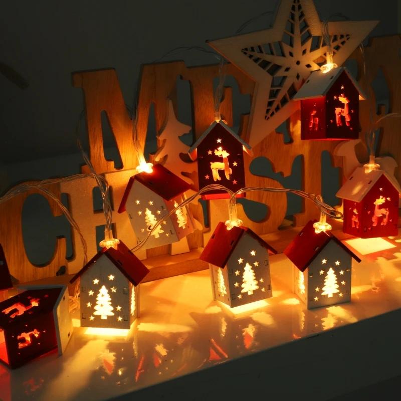 Boże Narodzenie Drewniany Dom LED String Light Xmas Tree Wisząca ozdoba 2024 Dekoracja świąteczna dla domu Dzieci Nowy Rok Prezent Navidad