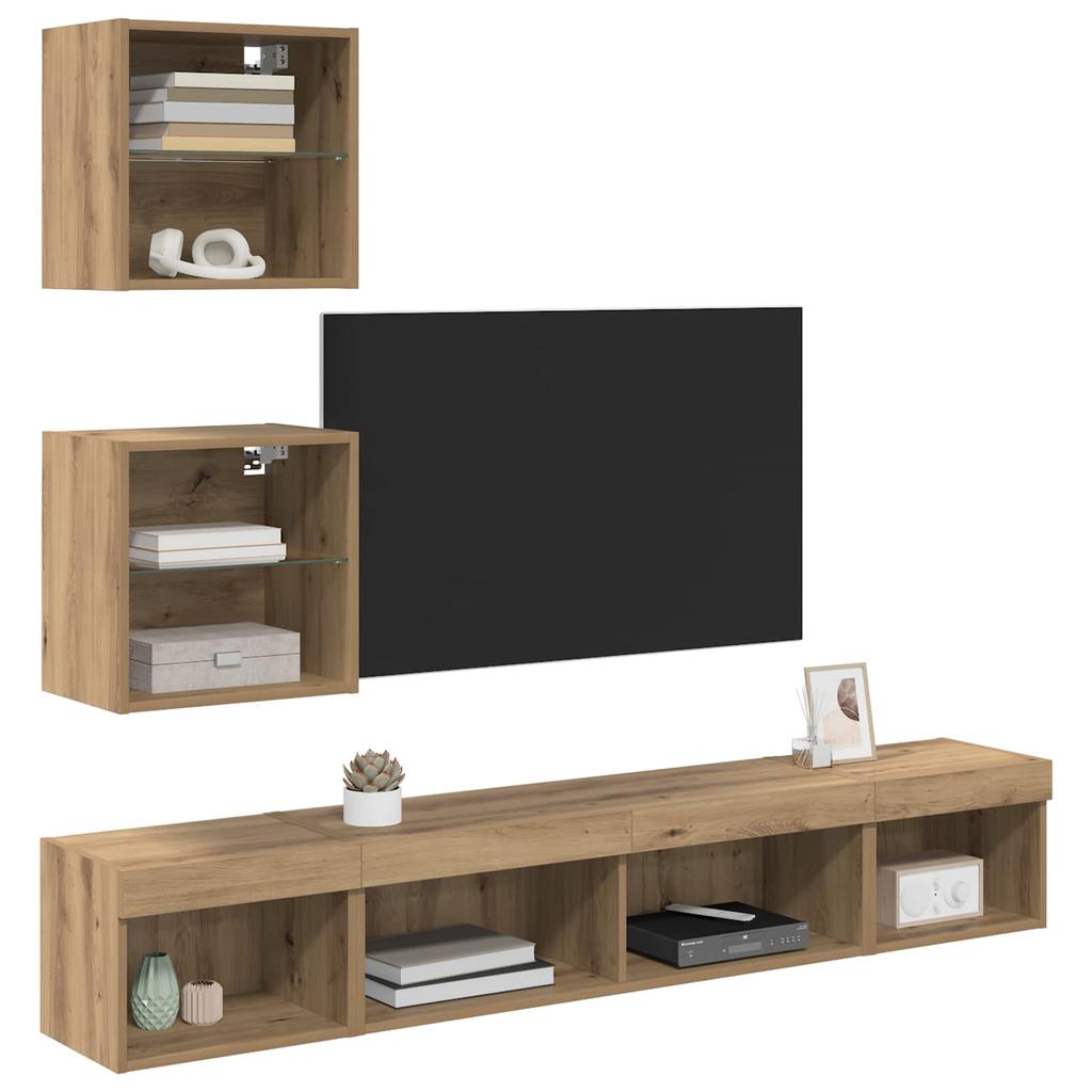 Wall Mounted TV Units with LED Lighting 5 pcs Artisan Oak Wood Based Material