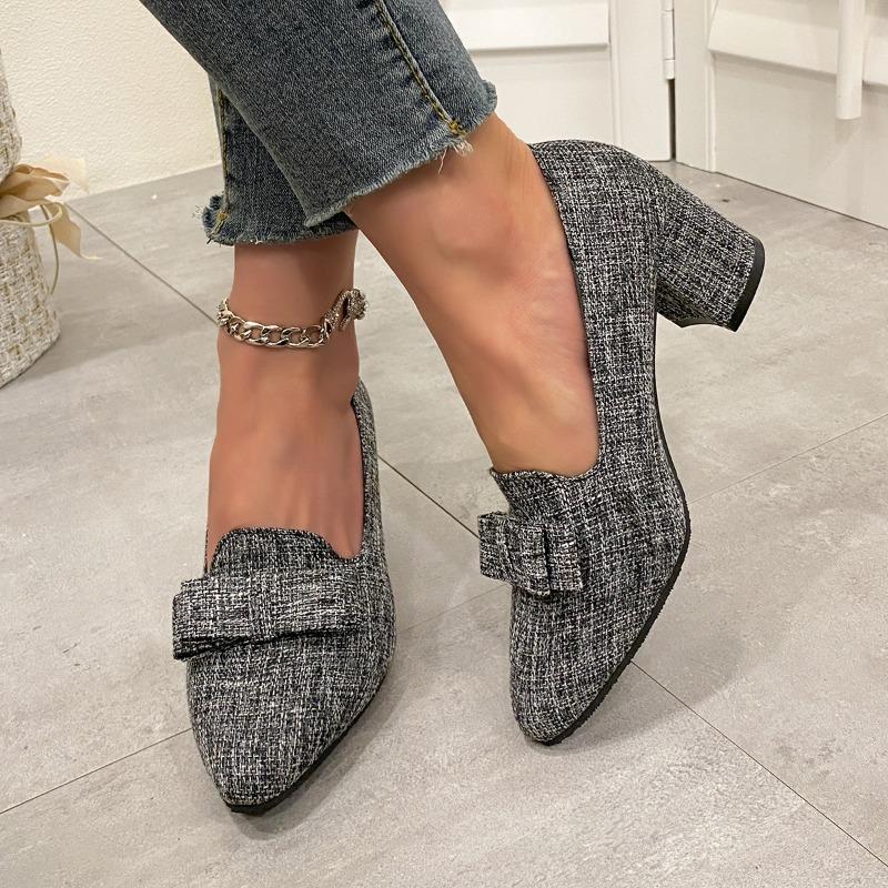 Fashion Bow Chunky Women Official Shoes Elegant Pointed Toe High Heels Pumps 2025 Fad Trend Spring Dress Designer Zapatillas De Mujer