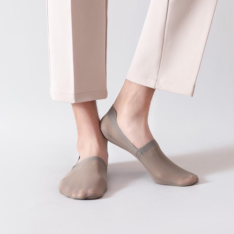 Men's Summer Breathable Mesh No-Show Socks: Ice Silk, Non-Slip, Sweat-Absorbent, Cotton Bottom, No Heel Drop