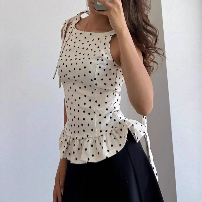 Top de Tirantes de Lunares para Mujer con Dobladillo Fruncido Sin Mangas Casual Ajustado Delgado Blusa