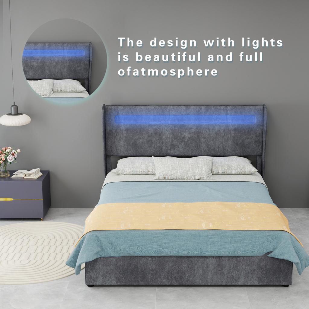 Modern Minimalist Upholstered Bed with LED-Integrated Headboard, 140*200 Cm, Grey, Storage Base with Gas Lift Mechanism,Included 140*200mattress