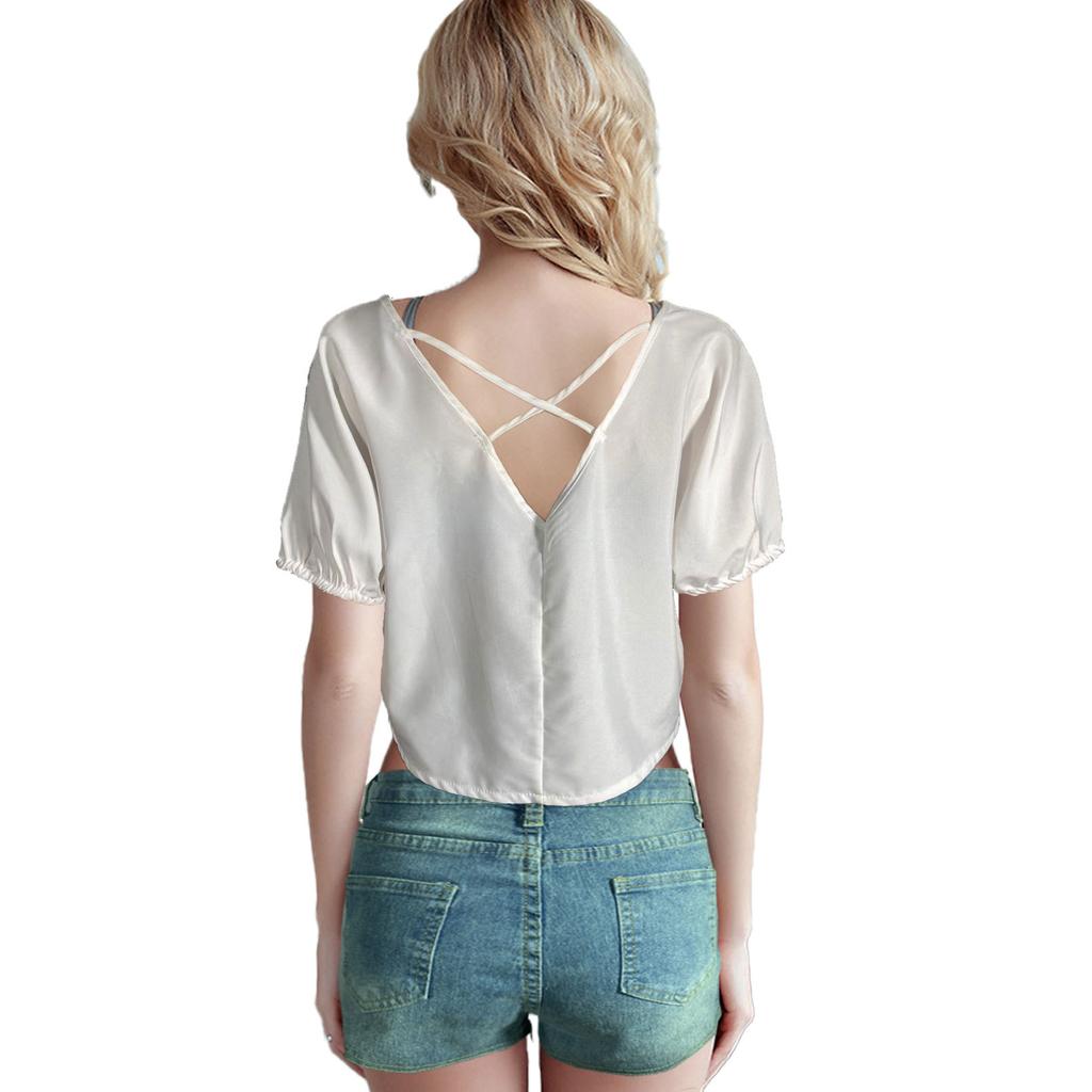 GMXIA Spring Summer Women's Solid-color Pullover V-back Casual Women's Top