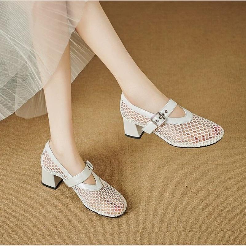 Fashion Mesh Mary Jane Single Shoe Women's Summer New Round Head Line with Hollow Mesh High-heeled Sandals