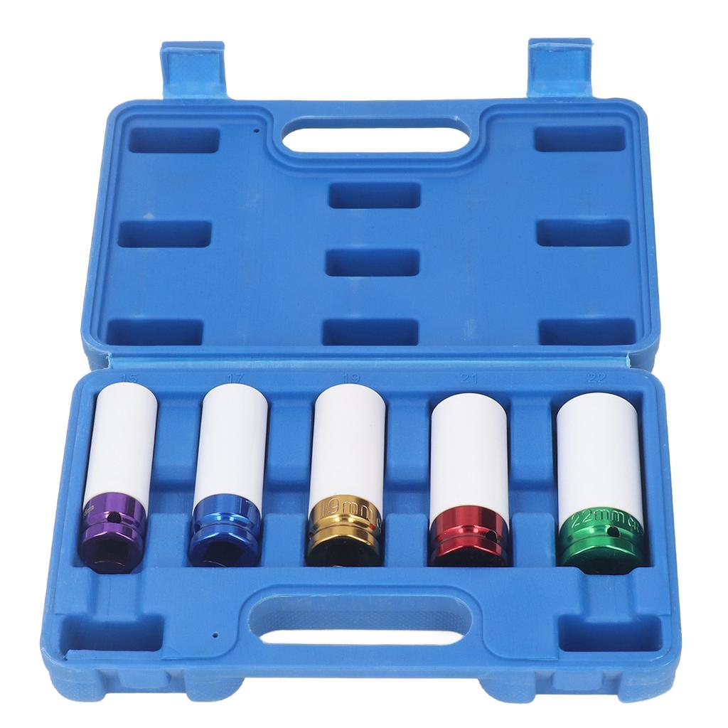 5Pcs Impact Socket Set 15 17 19 21 22mm 6 Point Wheel Nut Socket Set Set for 1 2in Drive