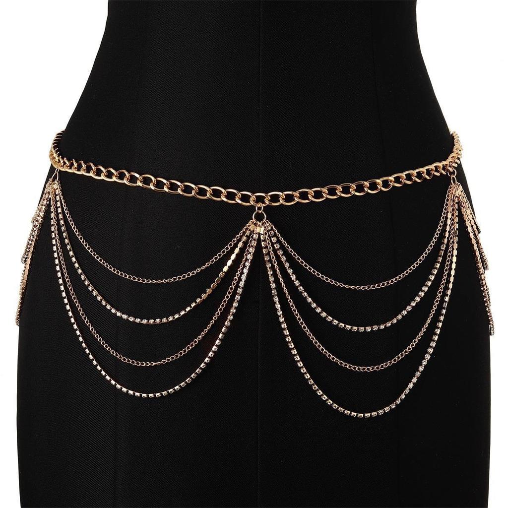 Fashion Versatile Metal Rhinestone Chain Tassel Waist Women's Bikini Decoration Nightclub Rock Body Chain