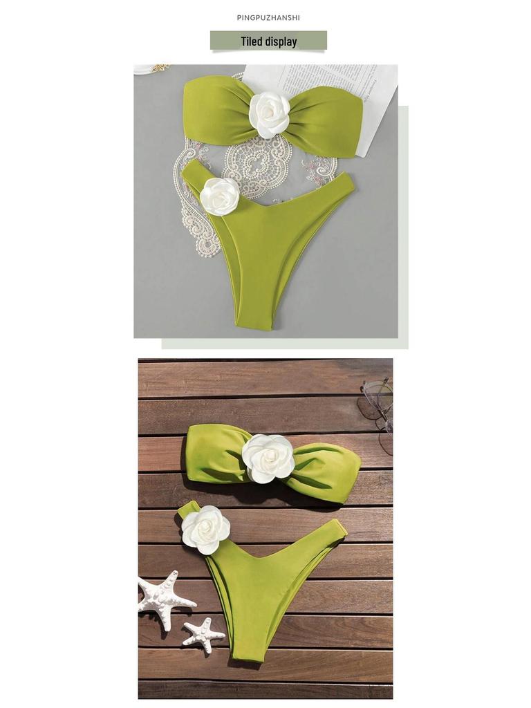2024 Sexy Solid Color Halter Bandeau Two-Way Flower Bikini Swimsuit for Women