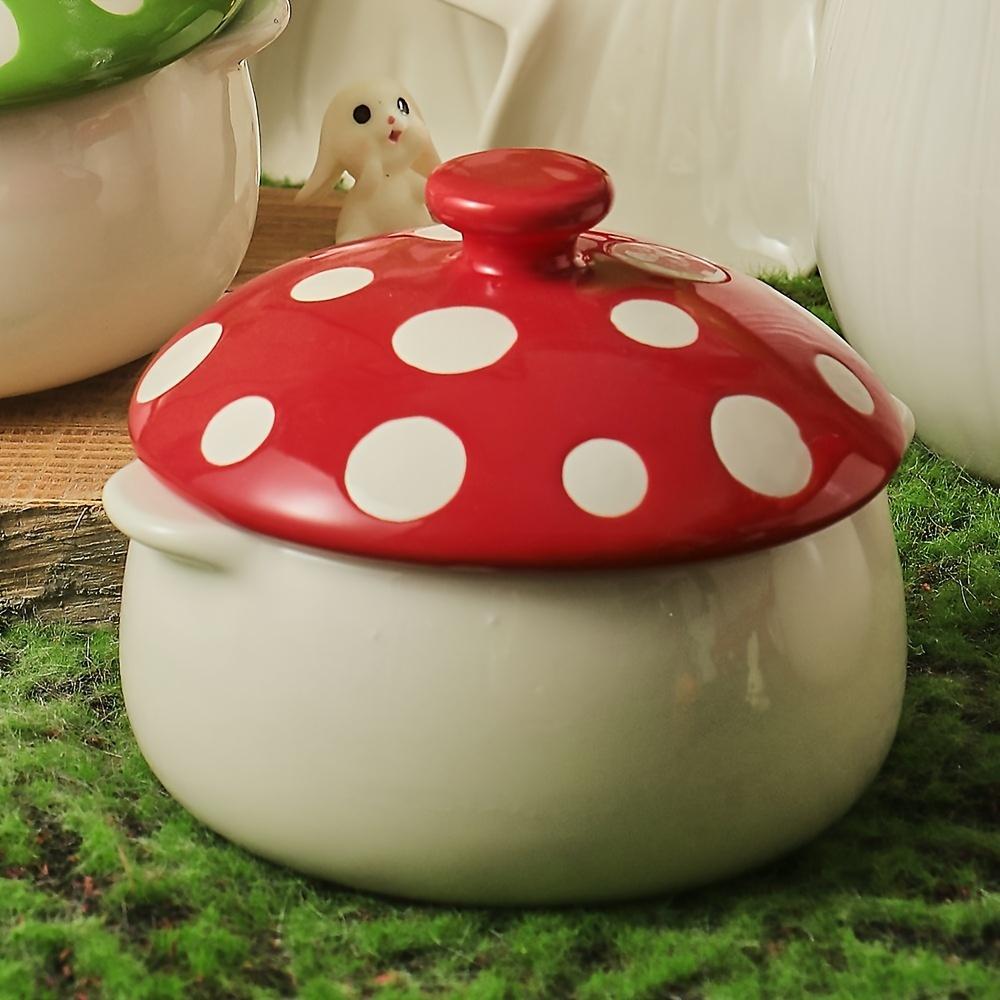 1pc Charming Red Mushroom-Shaped Ceramic Soup Bowl with Handle and Lid , Ideal for French Onion Soup, Pot Pies, Cereals