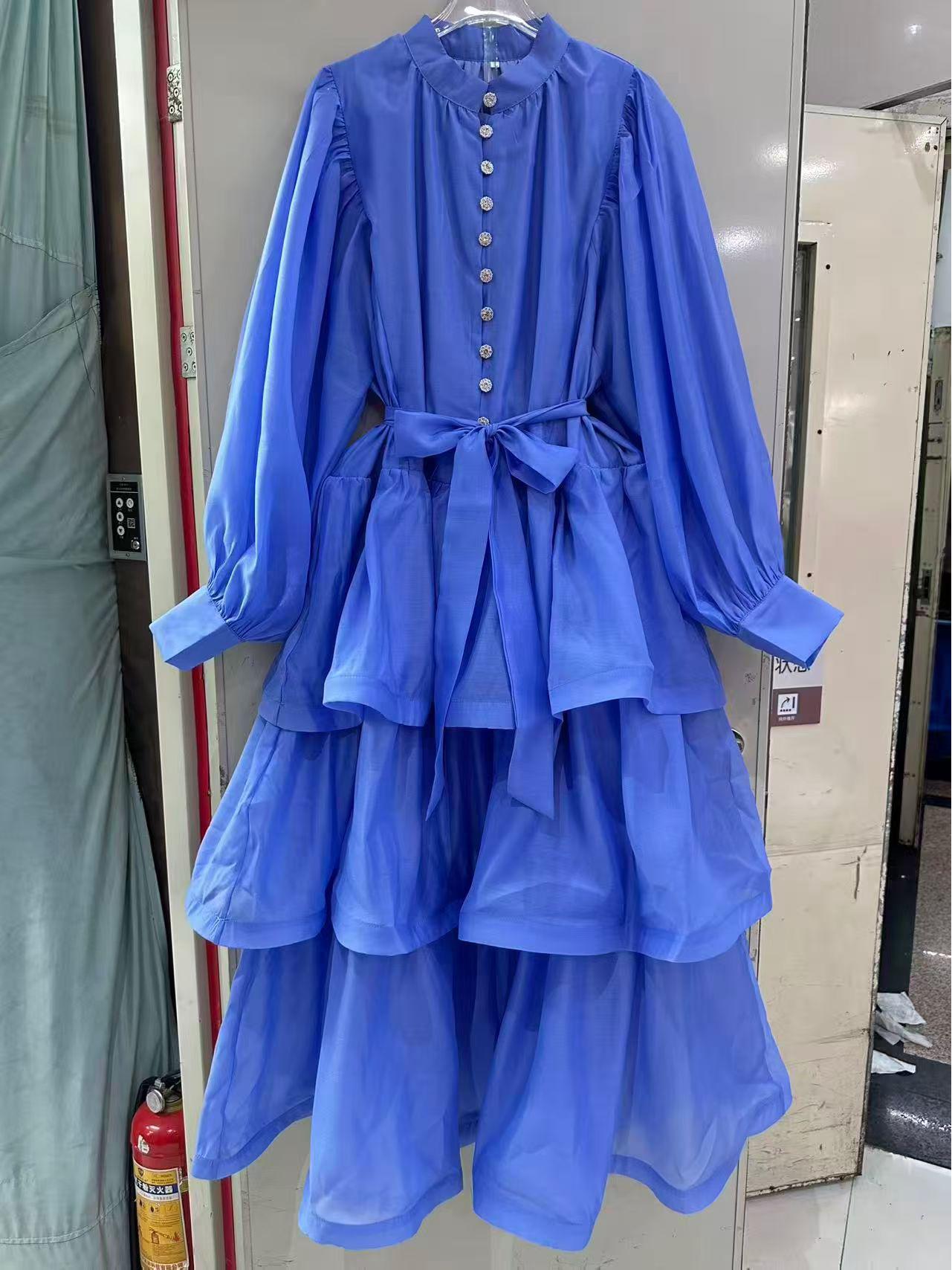 

Ruffled Stand Collar Single-Breasted Slimming Long Sleeve Patchwork Dress (2025) L синий