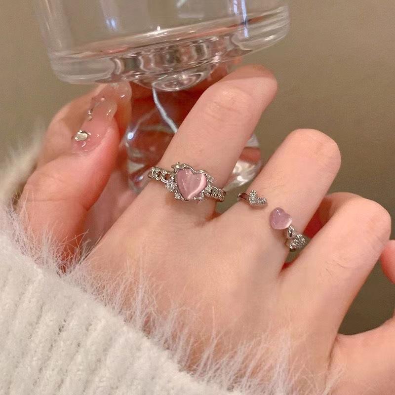 Kpop Y2K Pink Heart Opal Rings for Women Korean Fashion Cross Star Opening Finger Ring Sweet Girls Party Jewelry Gifts
