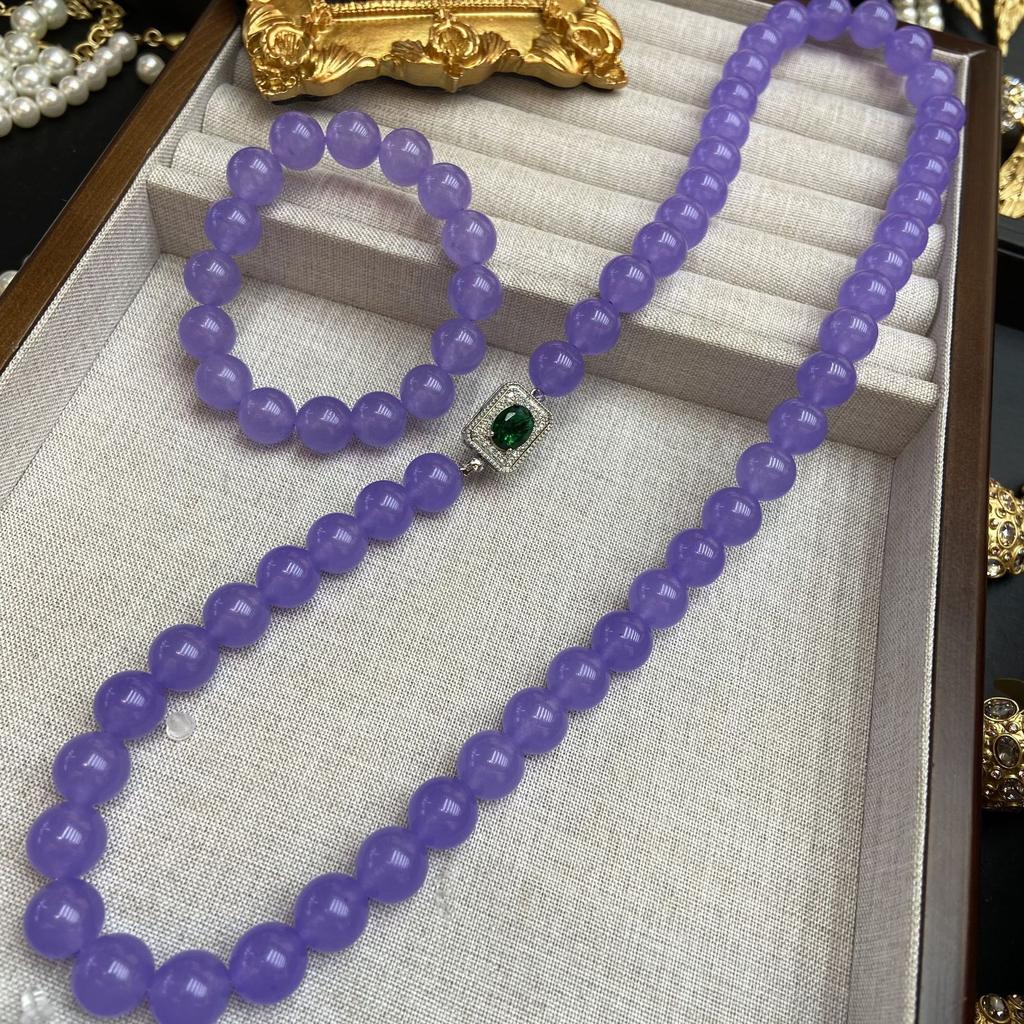 Medieval Vintage Fashion Design Bingbing Same Emperor 12M Violet Bead Agate Necklace Bracelet Set