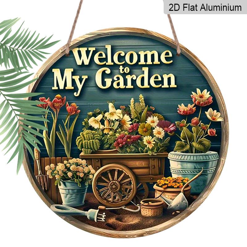 

2D Flat, 1pc Vintage Aluminum Welcome to My Garden Sign - Weatherproof Floral Mural Wall Art with Hanging Rope, Rustic Indoor/Outdoor Decor for Home 7.87×7.87inch