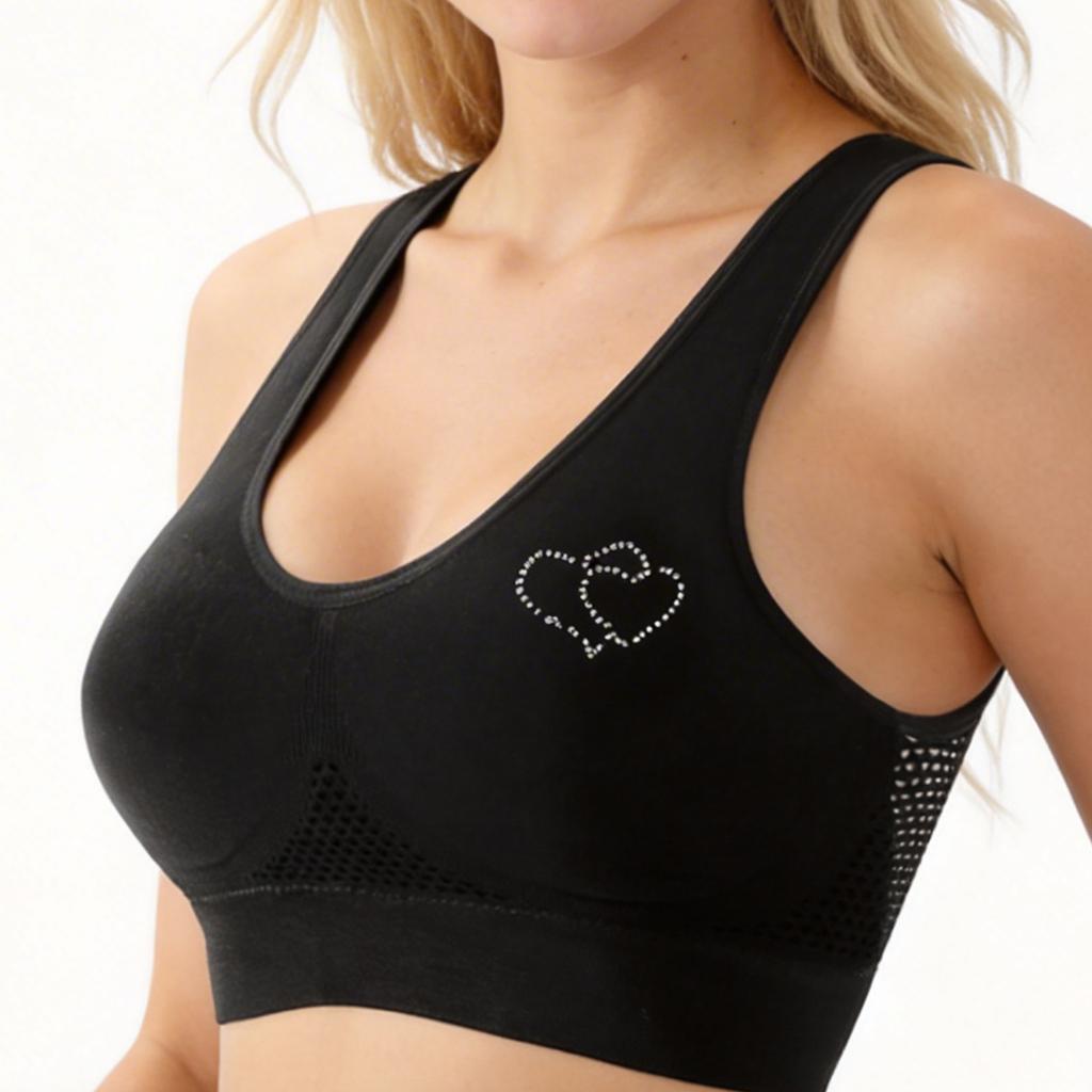 Zeriluna Breathable Mesh Rhinestone Sports Bra Shockproof wide shoulder straps, comfortable fit, seamless inner tank top