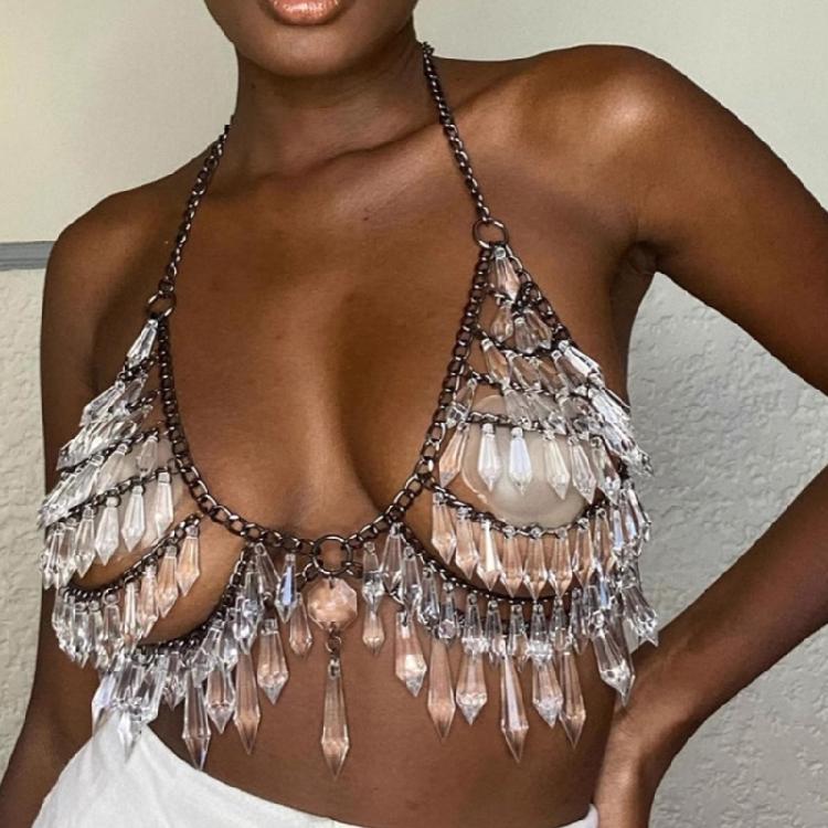 Acryl Edelsteine Brustketten Bikini BH für Musikfestivals Damen Mehrschichtiger Körperschmuck Kristall Camisole Crop Top