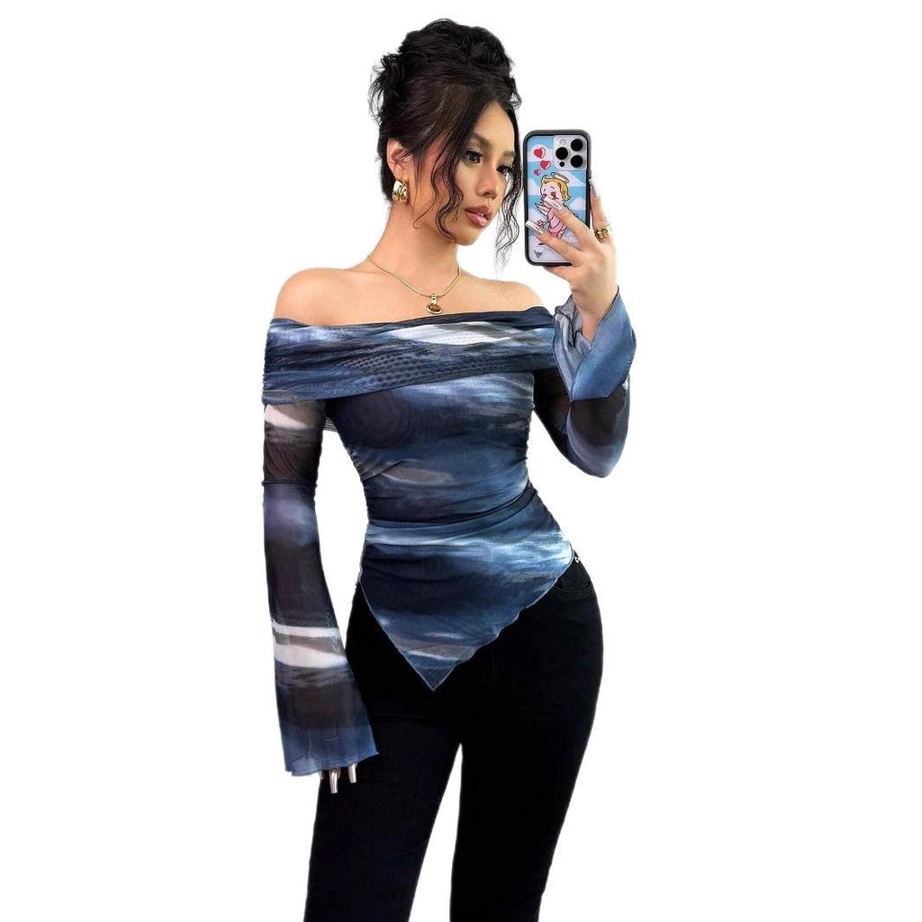 Camiseta de punto con estampado de malla para mujer, hombros descubiertos, manga larga, corte ajustado, Top de moda para mujer, básico diario, para oficina, casual, elegante, ajustado