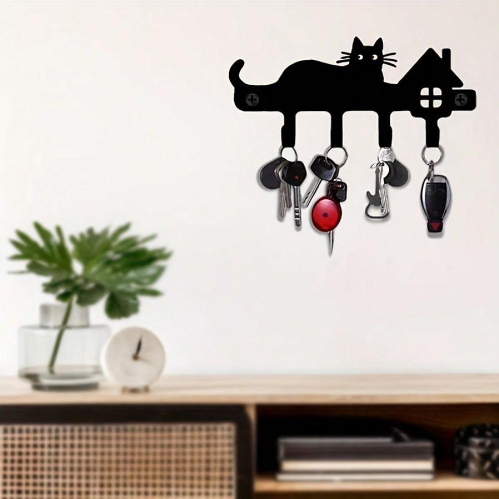 Metal Wall Key Holder with Cat Silhouette Heavy Duty Key Hooks for Entryway Kitchen Garage Storage