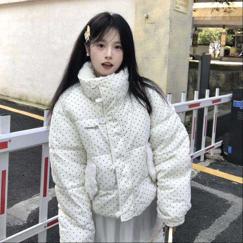 Polka dot sweet short fluffy lapel cotton-padded jacket female students winter new thickened warm cotton clothes