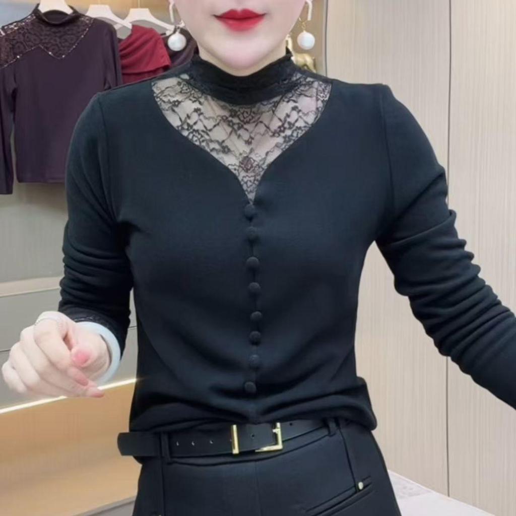 Chic Lace Mesh High Neck Long Sleeve Tummy-Concealing Top for Women