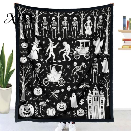 Washable Velvet Throw Blanket Halloween DIY Coloring Blanket, with Ghost Patterns, Color Your Cozy Bed for Creative Adults Own And Kids, Home