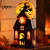 Vintage Style Blow Molded Decor Halloween Haunted House Mold Light, Pre-Lit Mansion with Glowing Witch Lighted Resin Pumpkin Figures Moon Ghost Black