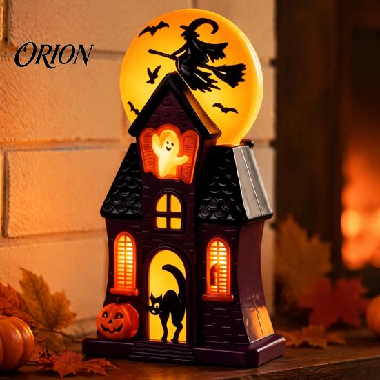 Vintage Style Blow Molded Decor Halloween Haunted House Mold Light, Pre-Lit Mansion with Glowing Witch Lighted Resin Pumpkin Figures Moon Ghost Black