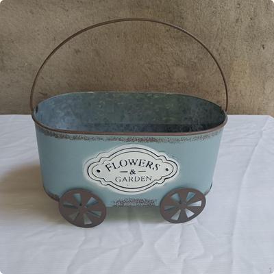 Flower Cart Planter Curved Handle Oval Iron Plant Holder WheelShaped Garden Decoration Aged