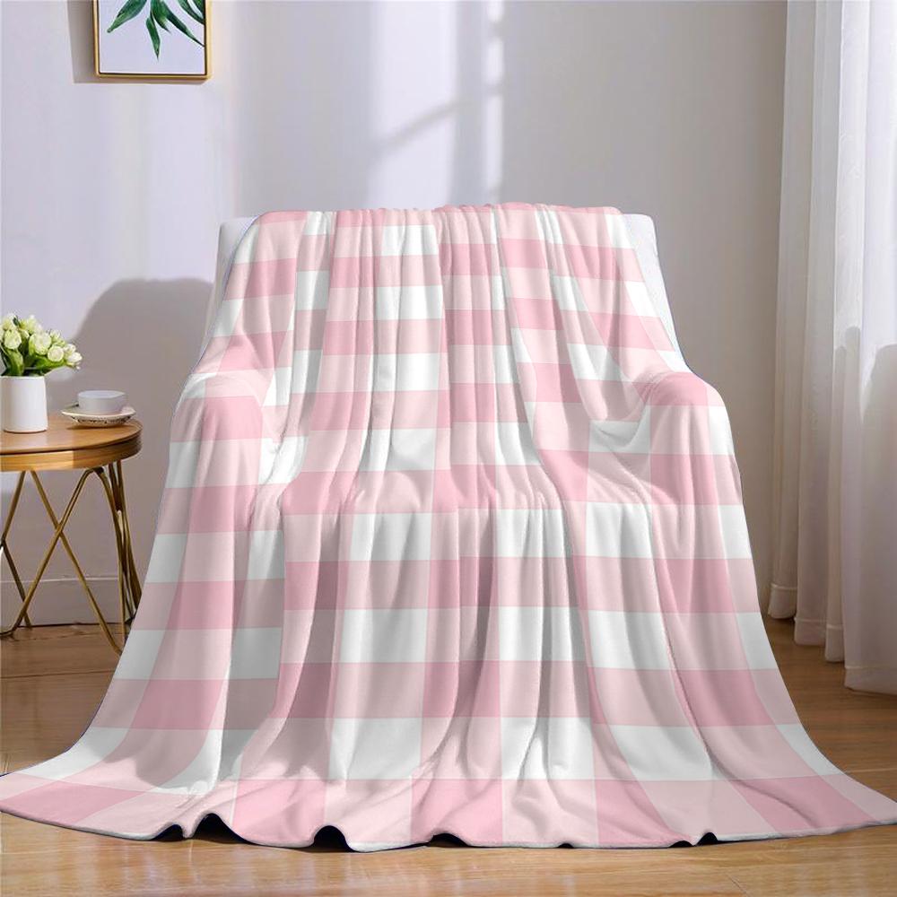 Pink & White Gingham Flannel Blanket Warm Soft Halloween Christmas Couch Warm Cozy Decorative Decor Gift for All Season