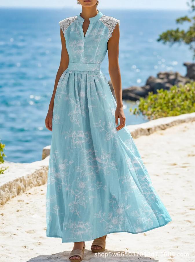 Elegant Lace Patchwork Floral Dress with Short Sleeves
