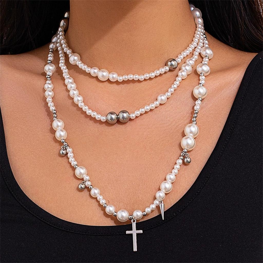 Goth Pearl Cross Necklaces for Women,Retro  Crystal Crucifix Pendant Choker Necklace,Chunky Pearl Beaded Stackable Necklaces Baptism Gifts