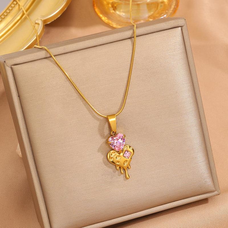 Titanium Steel Necklace, Bracelet, Earrings, Ring, Luxury-style Set with Sparkling Diamonds, Heart-shaped Design