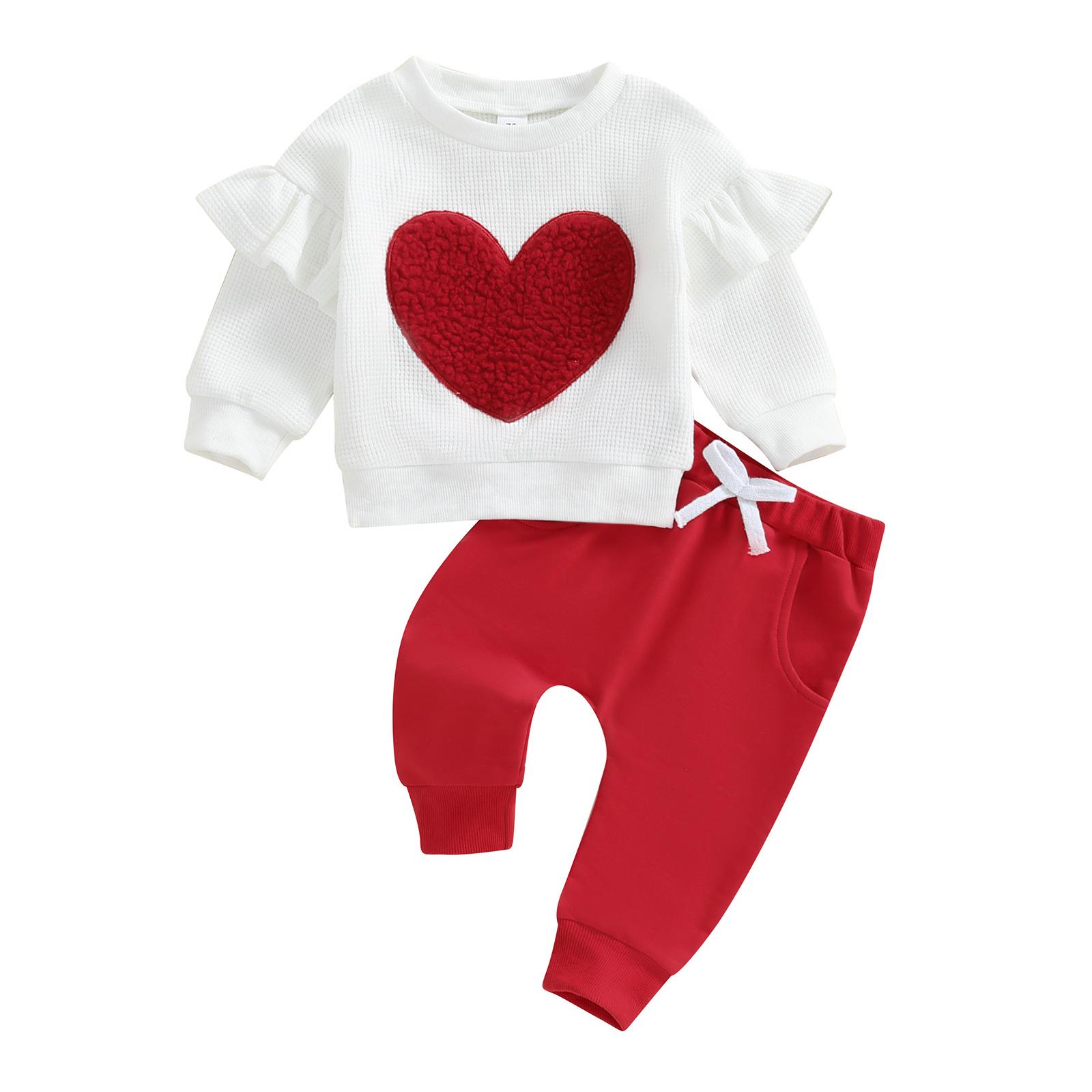 

Осенние наряды для девочек, комплект из 2 предметов одежды: толстовка с длинными рукавами, вышитые оборки и эластичные спортивные штаны 18-24 Months красный