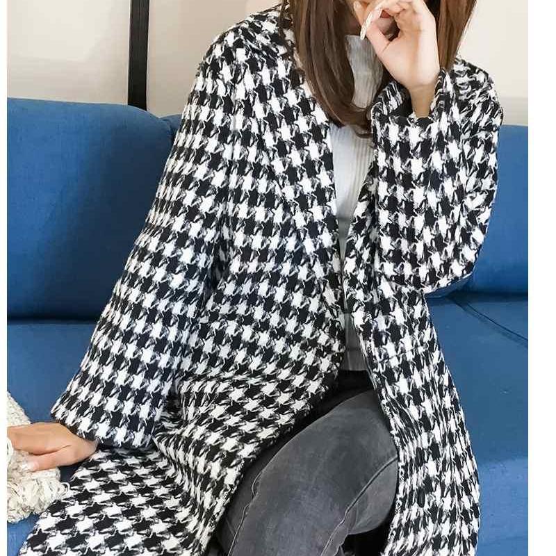 Giacca invernale in lana a maniche lunghe, a quadri, elegante cappotto di lana, lungo trench, con bottoni, giacca in legno, caffè, L