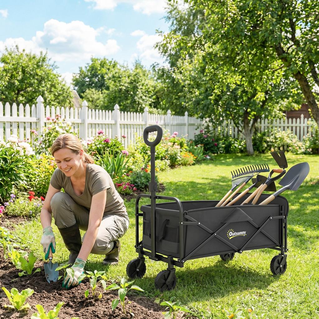 Foldable Garden Cart 72L with Adjustable Handle, in Steel and Oxford Fabric, 114x46x92 cm, Black