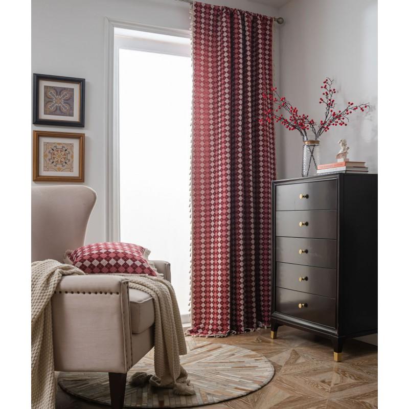 Vintage Ethnic Floral Jacquard Curtain Panel Semi-Sheer Red White Plaid Living Room Dining Window Treatment