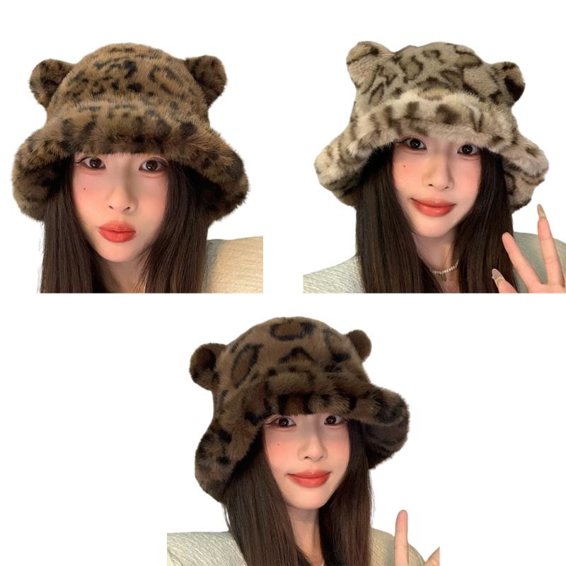 Furry Cartoon Fisherman Hat with Ear for Outdoor Sports Furry Leopard Pattern with Ear Oversized Headgear Hat for Winter