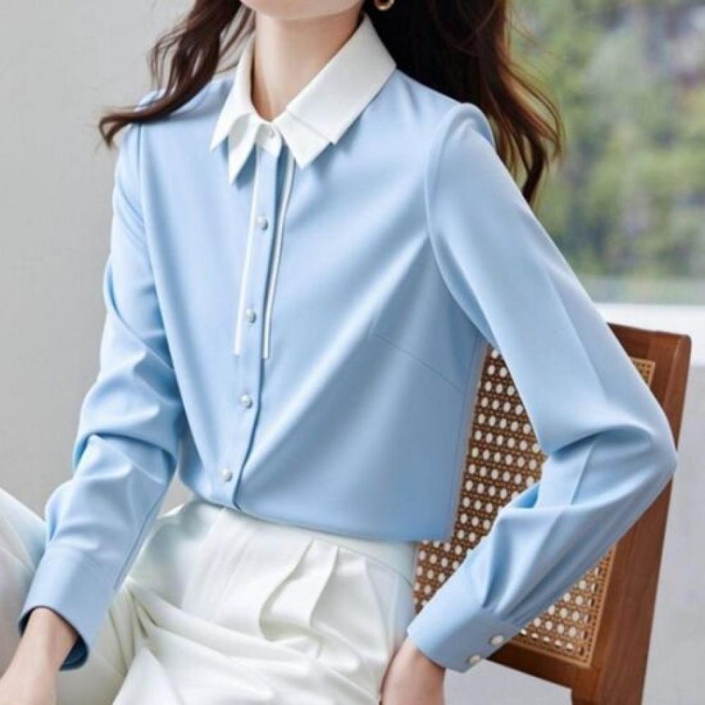 Navava Women Casual Color Block Double Collar Long Sleeve Shirt Nb3058