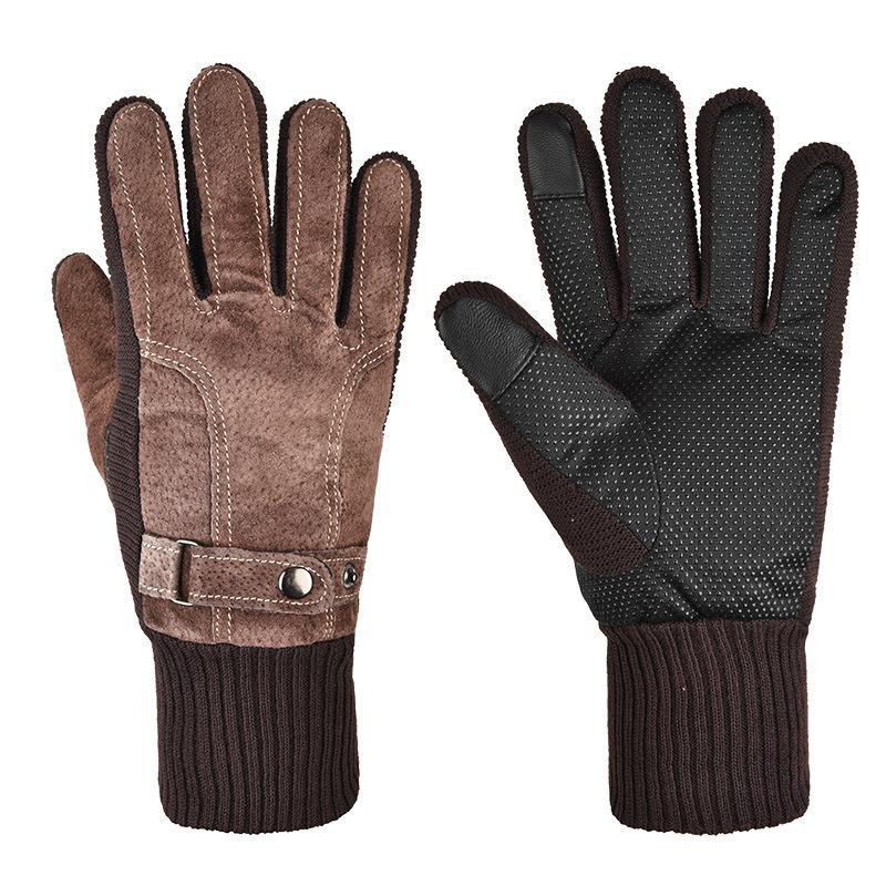 Pigskin Gloves Men's New Autumn and Winter Ski Gloves Outdoor Cycling Bicycle Leather Gloves Warm and Thickened Anti-slip