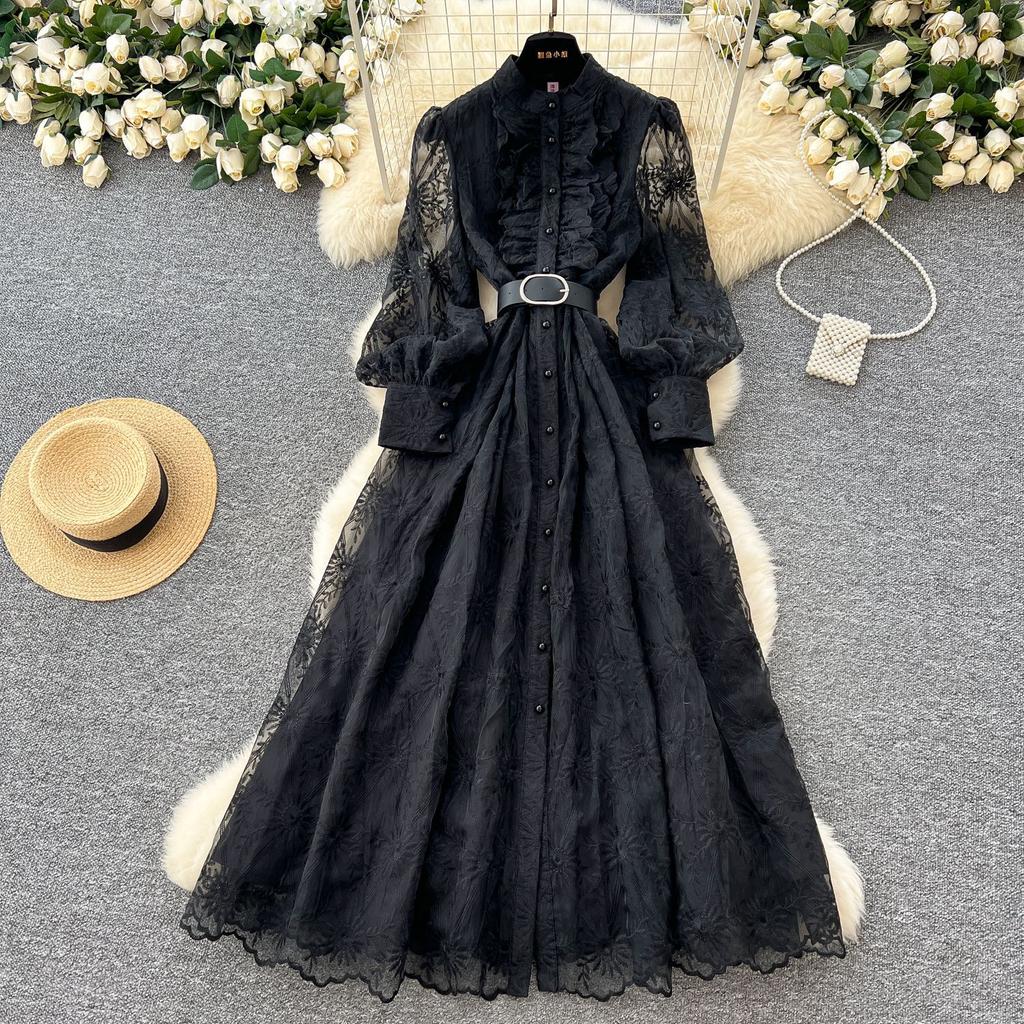 Retro Dress Women's Spring Ruffled Embroidered Single-breasted Dress