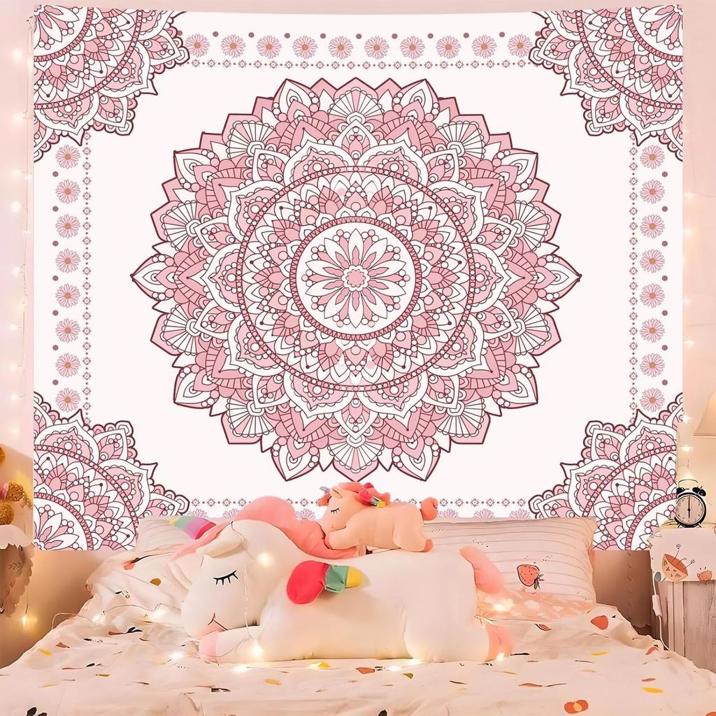 Boho Pink Mandala Wall Tapestry for Bedroom,Room Decor for Teen Girls, Art Floral Wall Hanging for College Dorm