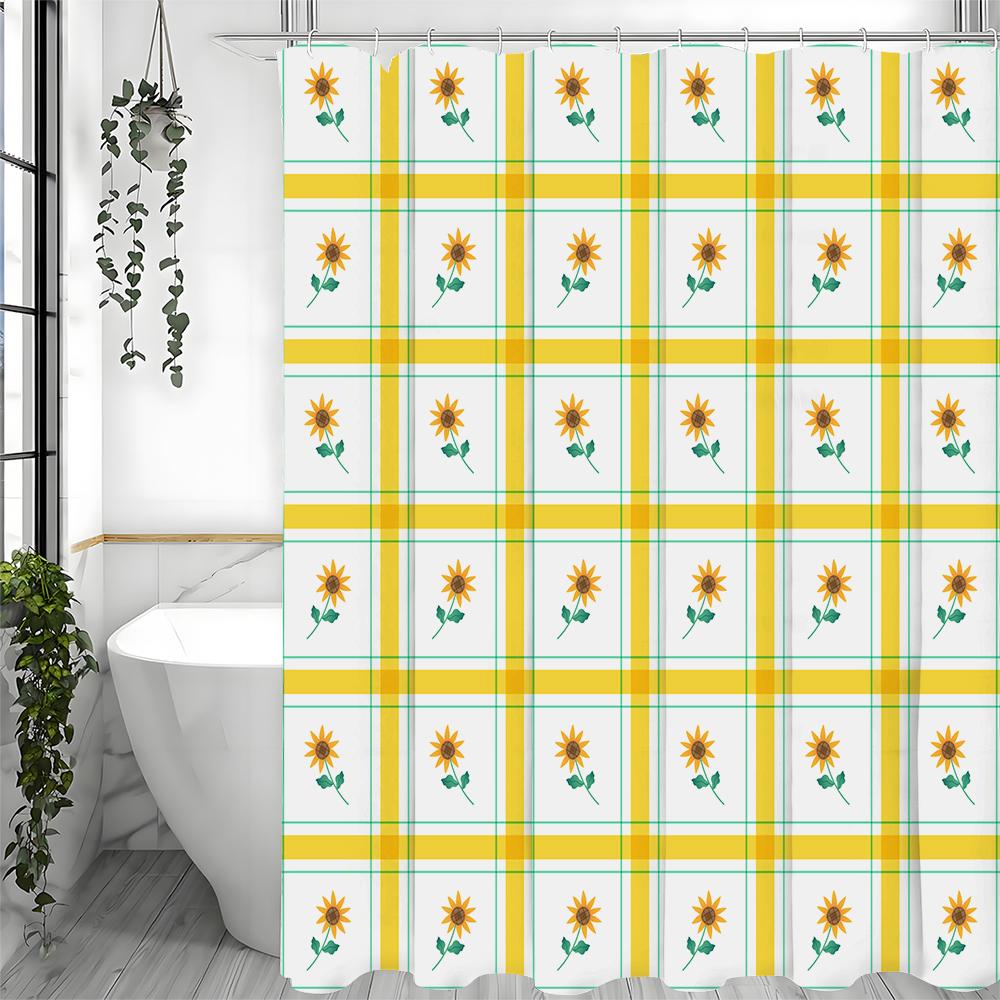 Checkered Sunflower Shower Curtain, Bathroom Decorative Shower Curtain, Waterproof Shower Curtain with Hooks