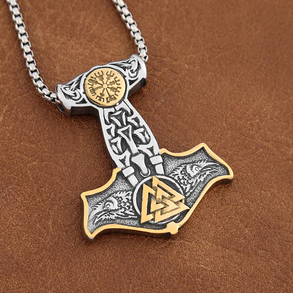 Vikings Thor Hammer Pendant Stainless Steel Mjolnir Necklace Nordic Rune Vegvisir Jewelry Popular Norse Scandinavian