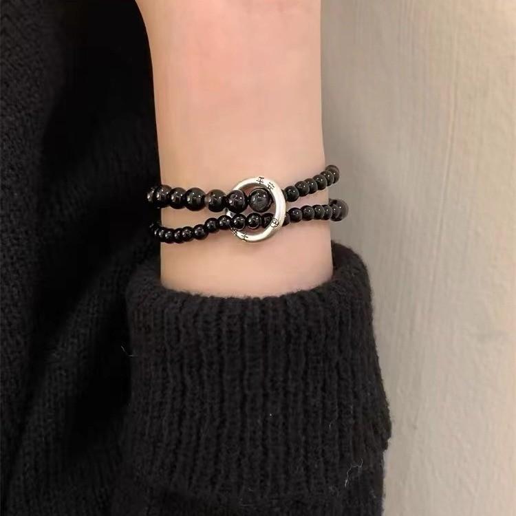 Black Unisex Elegant Beaded Double Circle Bracelet Trendy Retro Jewelry Artistic