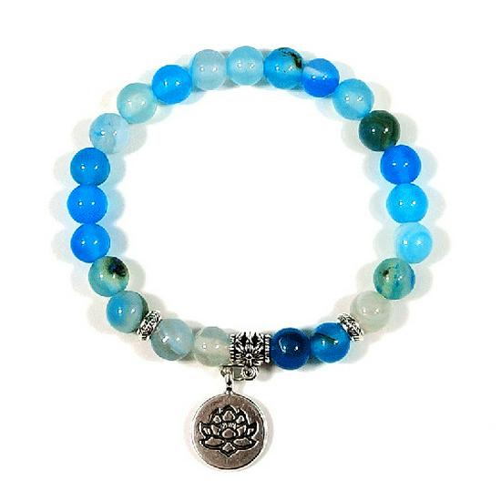 Blue Stripe Agate Multicolor Bracelet with Lotus Pendant Prayer Beads 8MM, 18.5-19CM