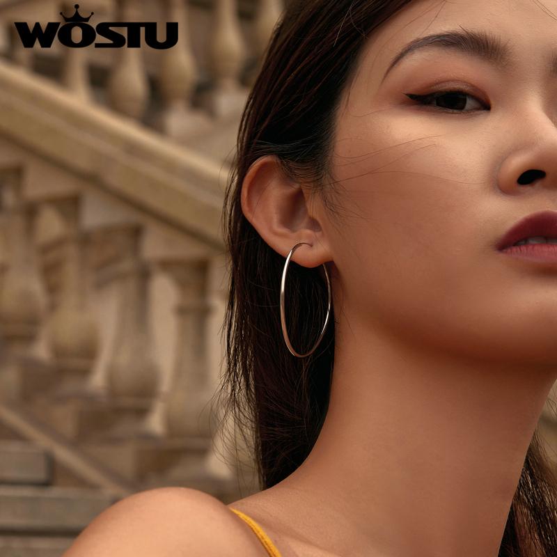 WOSTU 100% 925 Sterling Silver Big Circle Hoop Earrings Minimalist Simple Round Earrings For Women Fashion Party Jewelry CQE710