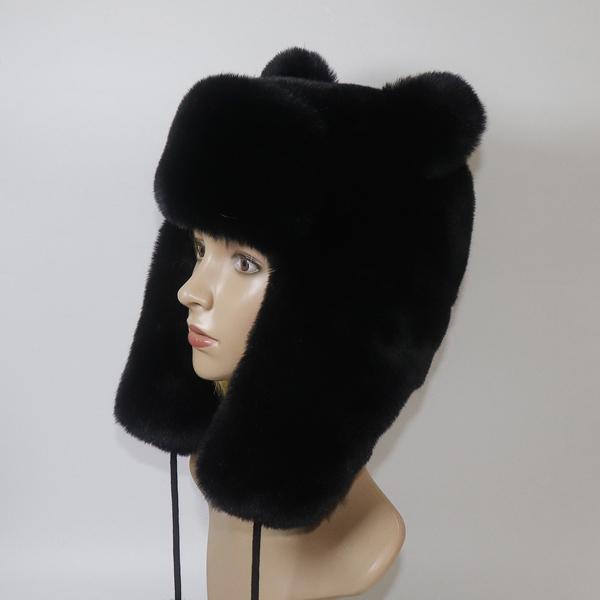 

Русская зимняя теплая шапка для девочек, милая шапка-бомбер из искусственного меха кролика, толстая, качественная, женская, для защиты ушей, для улицы 53cm-59cm чёрный