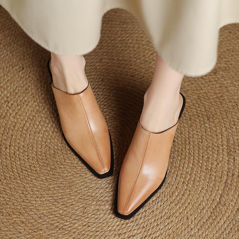 Fashion 2025 New Summer Women Mules Genuine Leather Women Shoes Pointed Toe Wedges Shoes High Heel Women Sandals Metal Modern Slippers