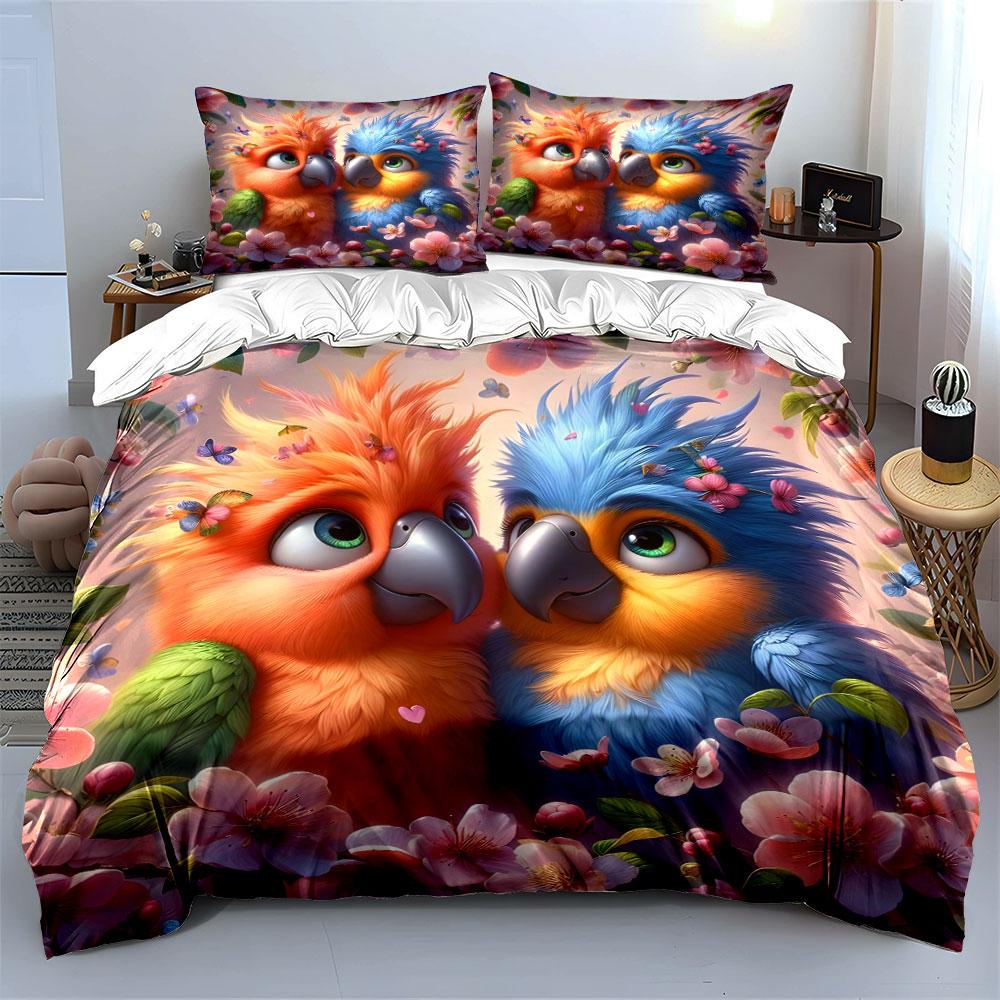 Cute Parrots With Cherry Blossoms Print Bedding Set 1 Duvet Cover 2 Pillowcases For Adult And Children Luxury Gift Full Size