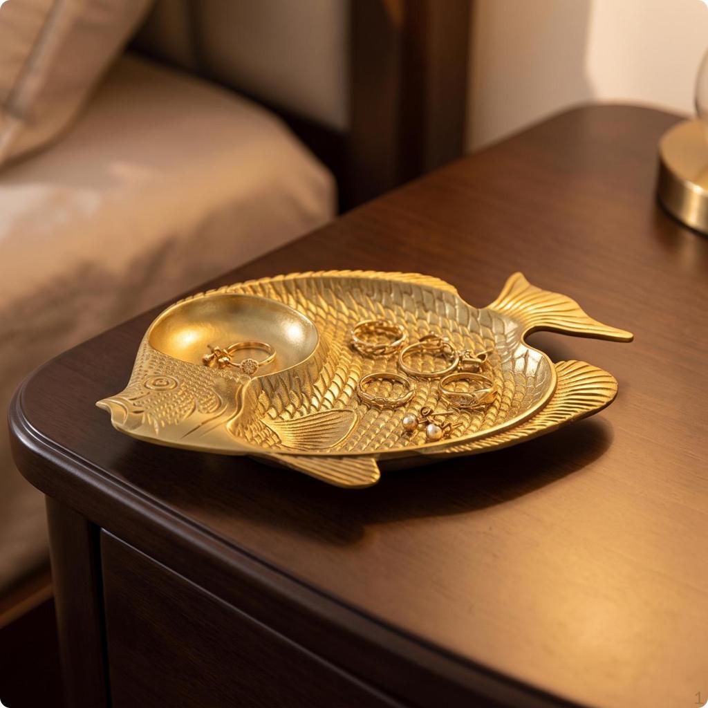 aquaticShaped Tray Brass Fish Trinket Dish Textured for Entryway, Nightstand